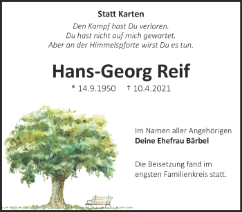 Traueranzeige von Hans-Georg Reif 