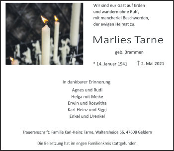 Traueranzeige von Marlies Tarne 