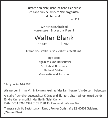 Traueranzeige von Walter Blank 