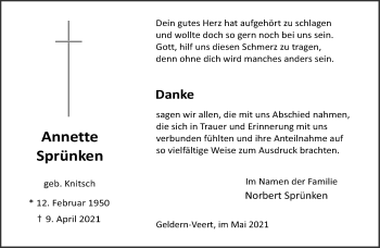 Traueranzeige von Anette Sprünken 