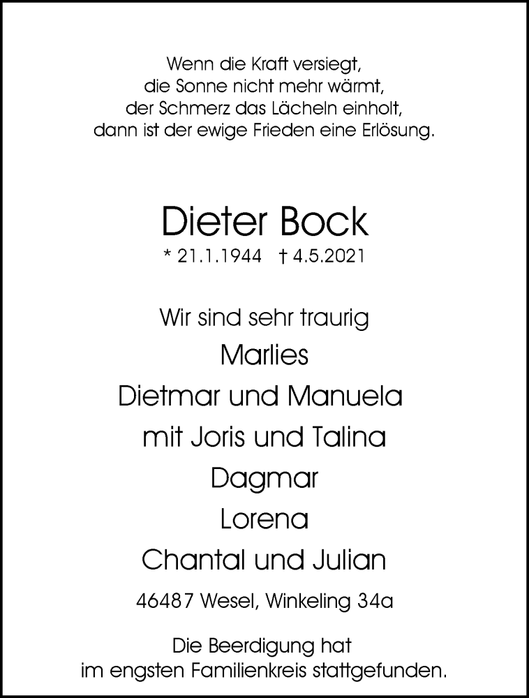  Traueranzeige für Dieter Bock vom 12.05.2021 aus 