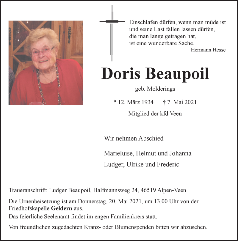  Traueranzeige für Doris Beaupoil vom 15.05.2021 aus 