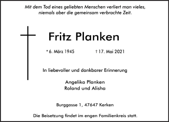 Traueranzeige von Fritz Planken 