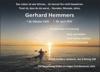 Traueranzeige von Gerhard Hemmers 