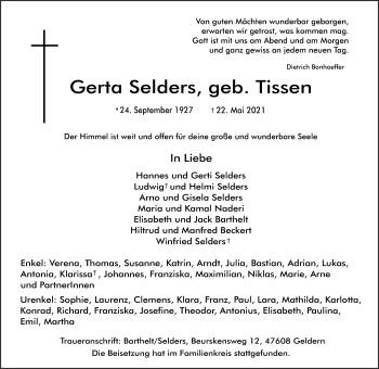 Traueranzeige von Gerta Selders 