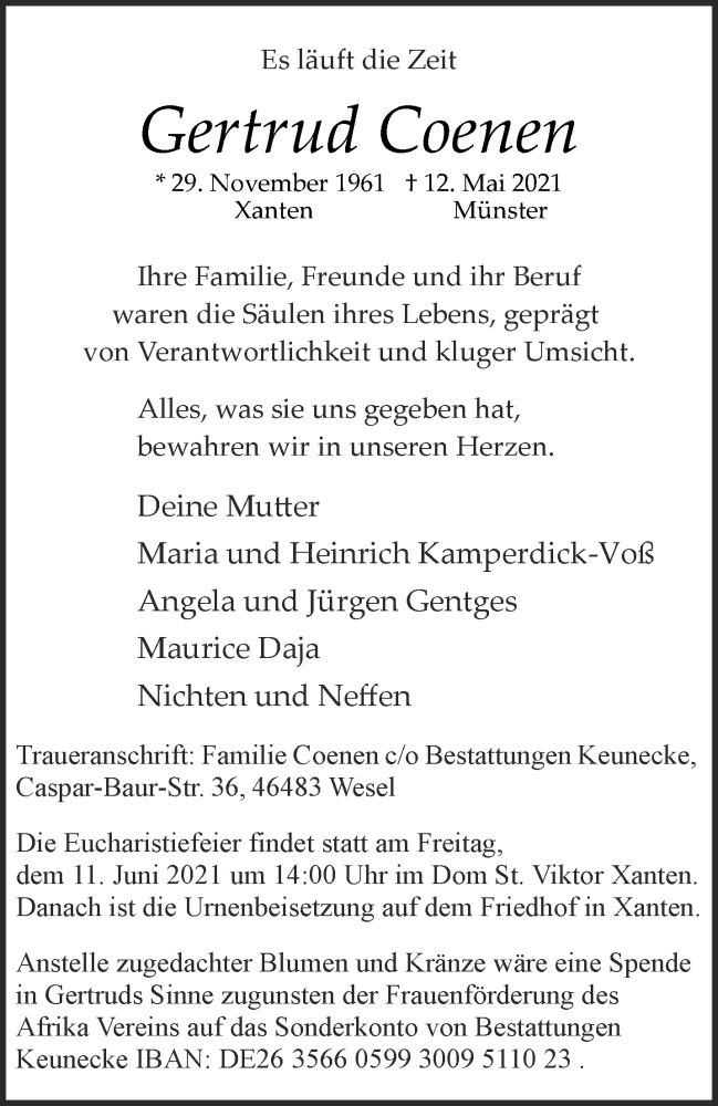 Traueranzeige für Gertrud Coenen vom 22.05.2021 aus 