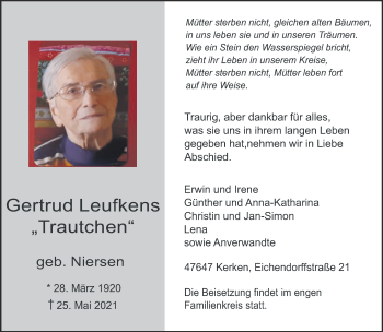Traueranzeige von Gertrud Leufkens 