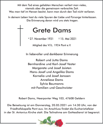 Traueranzeige von Grete Dams 