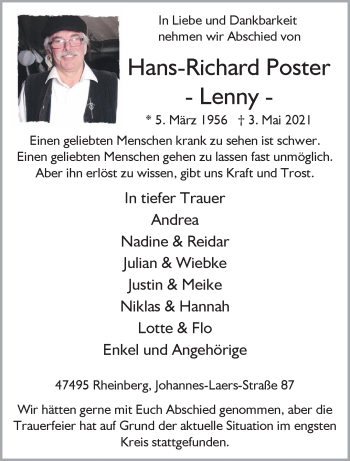 Traueranzeige von Hans-Richard Poster 