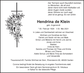 Traueranzeige von Hendrina de Klein 