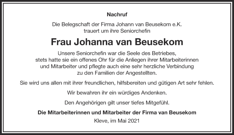  Traueranzeige für Johanna van Beusekom vom 22.05.2021 aus 