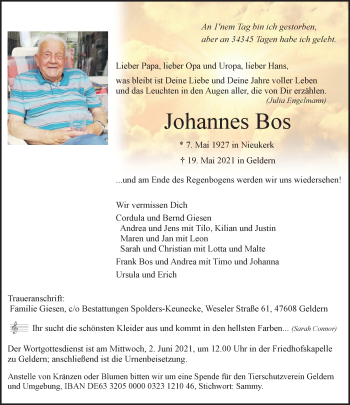 Traueranzeige von Johannes Bos 