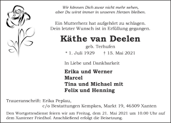 Traueranzeige von Käthe van Deelen 