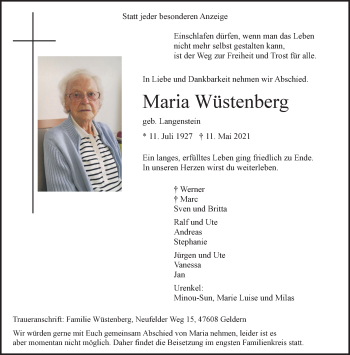 Traueranzeige von Maria Wüstenberg 