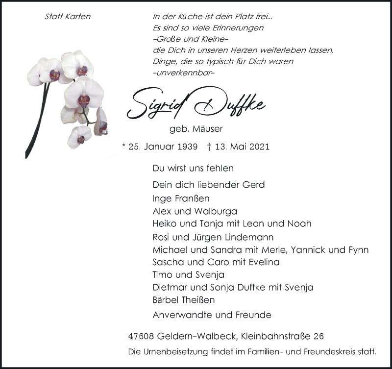 Traueranzeige für Sigrid Duffke vom 22.05.2021 aus 