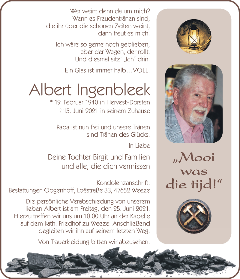  Traueranzeige für Albert Ingenbleek vom 19.06.2021 aus 