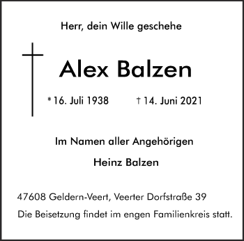 Traueranzeige von Alex Balzen 