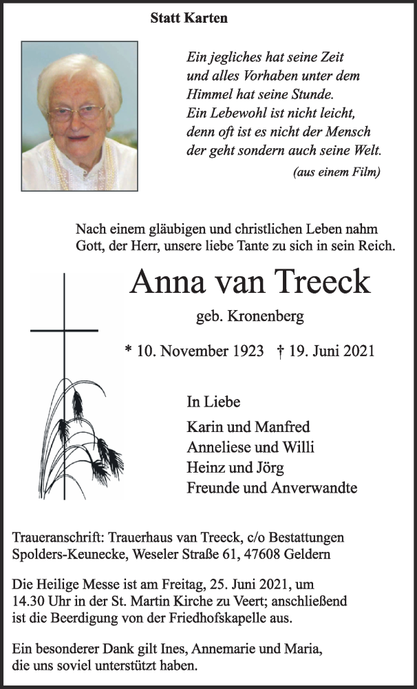  Traueranzeige für Anna van Treeck vom 23.06.2021 aus 