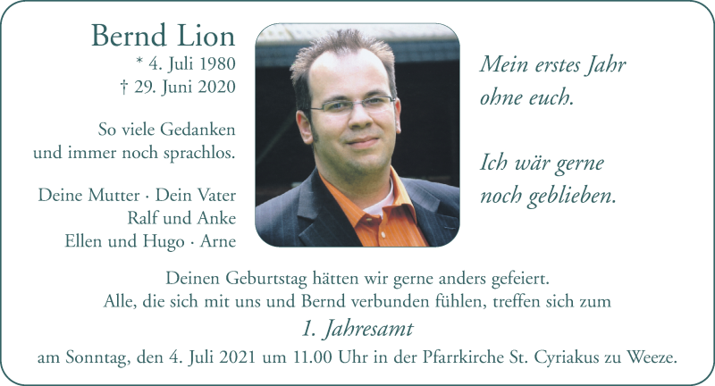  Traueranzeige für Bernd Lion vom 26.06.2021 aus 