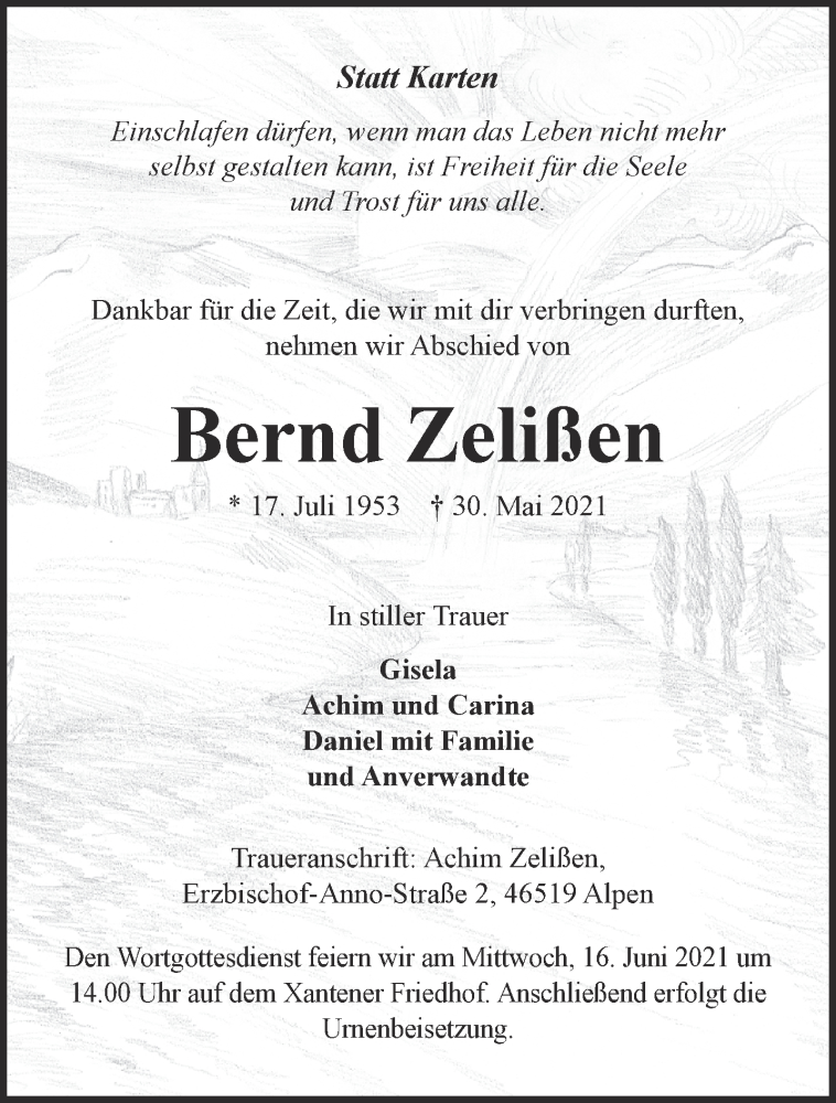  Traueranzeige für Bernd Zelißen vom 12.06.2021 aus 