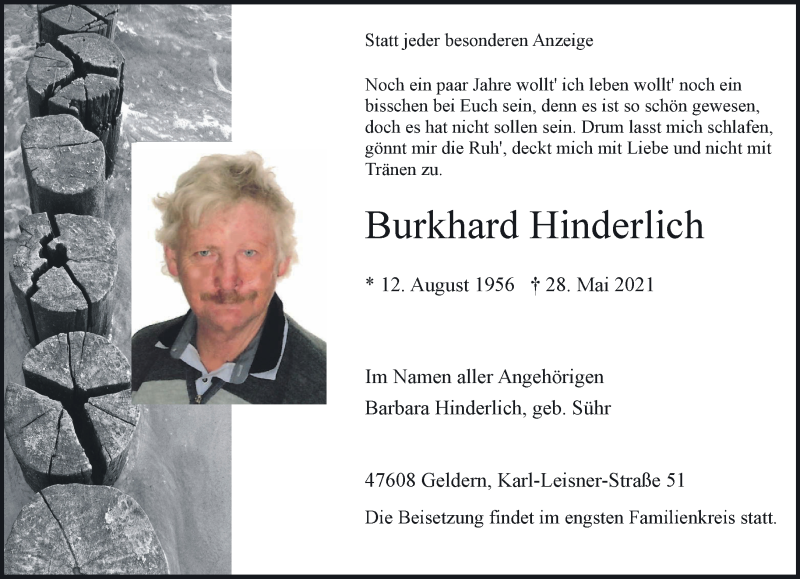  Traueranzeige für Burkhard Hinderlich vom 05.06.2021 aus 