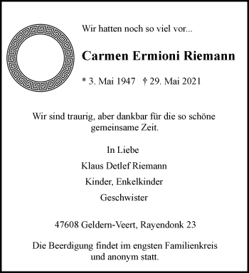 Traueranzeige von Carmen Ermioni Riemann 