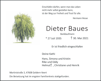Traueranzeige von Dieter Baues 