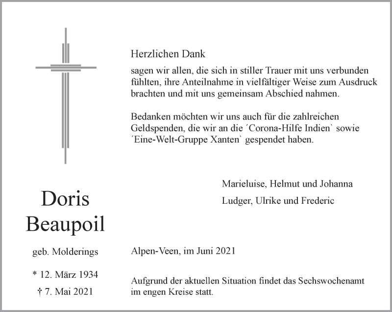  Traueranzeige für Doris Beaupoil vom 12.06.2021 aus 