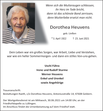 Traueranzeige von Dorothea Heuvens 