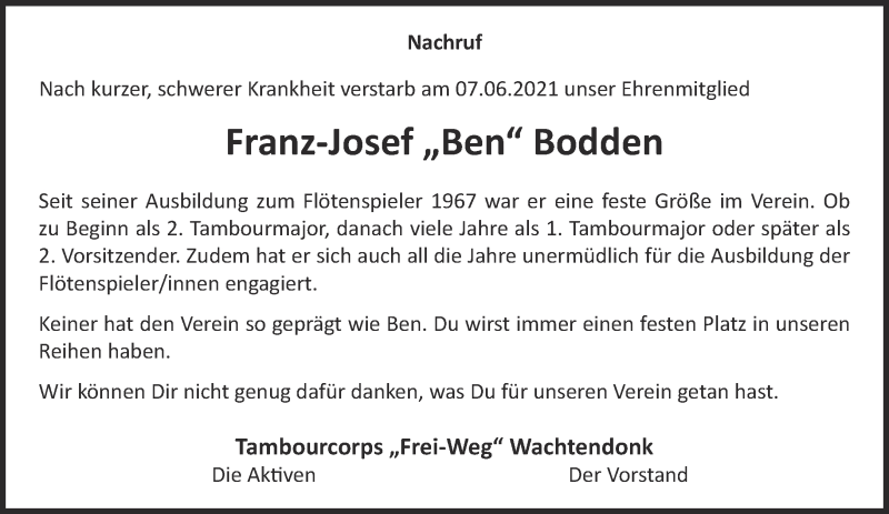  Traueranzeige für Franz-Josef Bodden vom 12.06.2021 aus 
