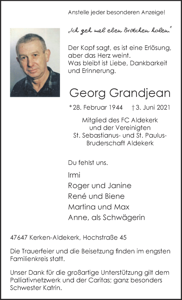  Traueranzeige für Georg Grandjean vom 09.06.2021 aus 