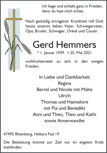 Traueranzeige von Gerd Hemmers 