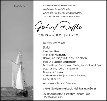 Traueranzeige von Gerhard Duffke 
