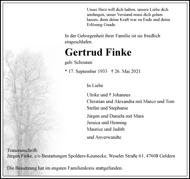  Traueranzeige für Gertrud Finke vom 05.06.2021 aus 