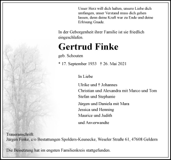 Traueranzeige von Gertrud Finke 