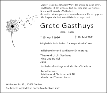 Traueranzeige von Grete Gasthuys 