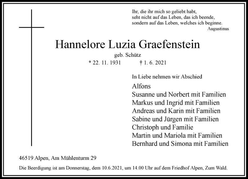  Traueranzeige für Hannelore Luzia Graefenstein vom 09.06.2021 aus 