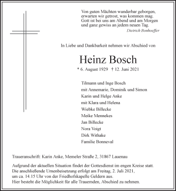 Traueranzeige von Heinz Bosch 