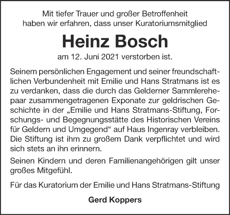  Traueranzeige für Heinz Bosch vom 19.06.2021 aus 