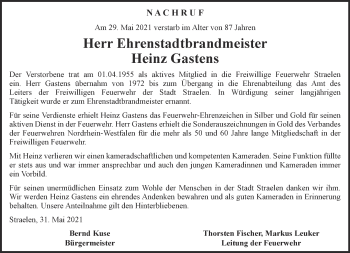 Traueranzeige von Heinz Gastens 