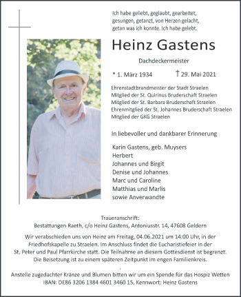 Traueranzeige von Heinz Gastens 