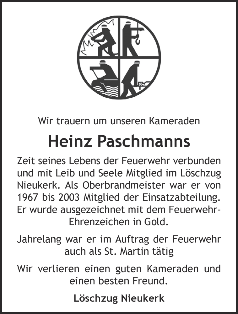  Traueranzeige für Heinz Paschmanns vom 09.06.2021 aus 