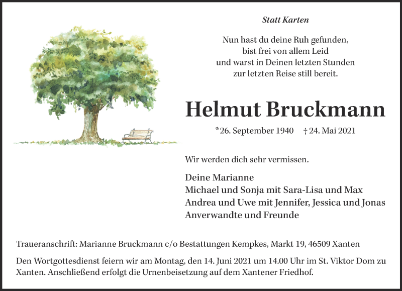  Traueranzeige für Helmut Bruckmann vom 09.06.2021 aus 