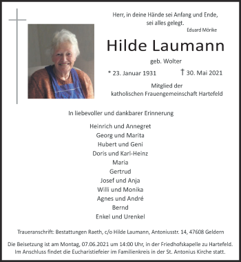 Traueranzeige von Hilde Laumann 