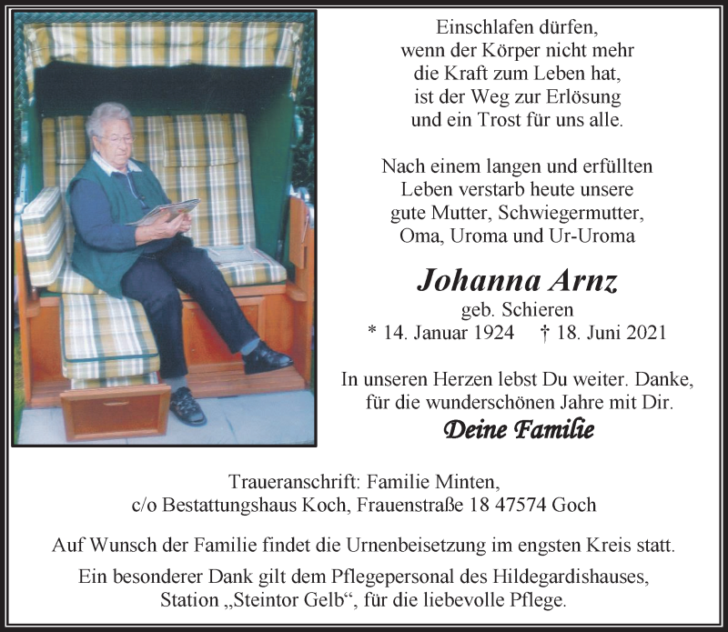  Traueranzeige für Johanna Arnz vom 26.06.2021 aus 