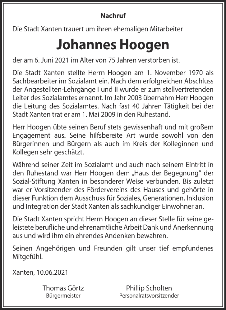  Traueranzeige für Johannes Hoogen vom 16.06.2021 aus 