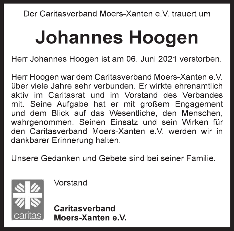  Traueranzeige für Johannes Hoogen vom 30.06.2021 aus 