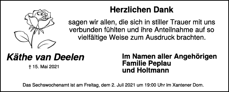  Traueranzeige für Käthe van Deelen vom 26.06.2021 aus 