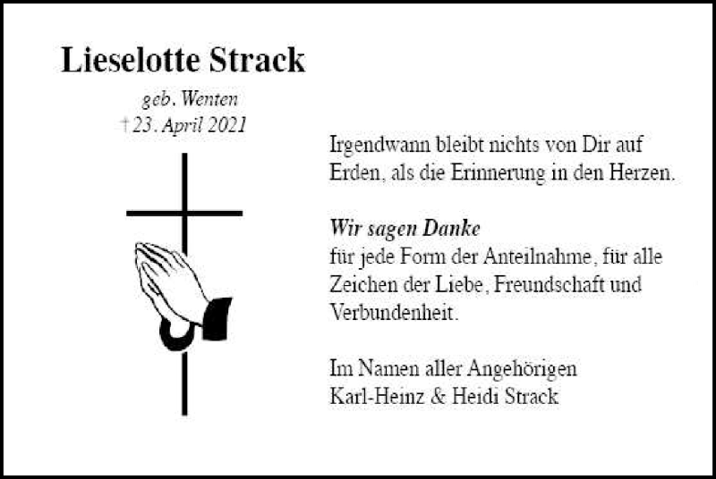  Traueranzeige für Lieselotte Strack vom 09.06.2021 aus 