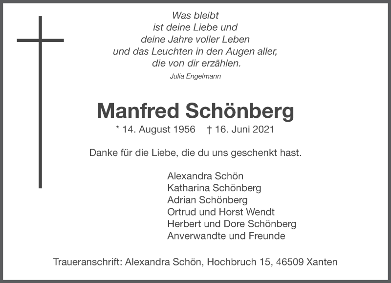  Traueranzeige für Manfred Schönberg vom 26.06.2021 aus 